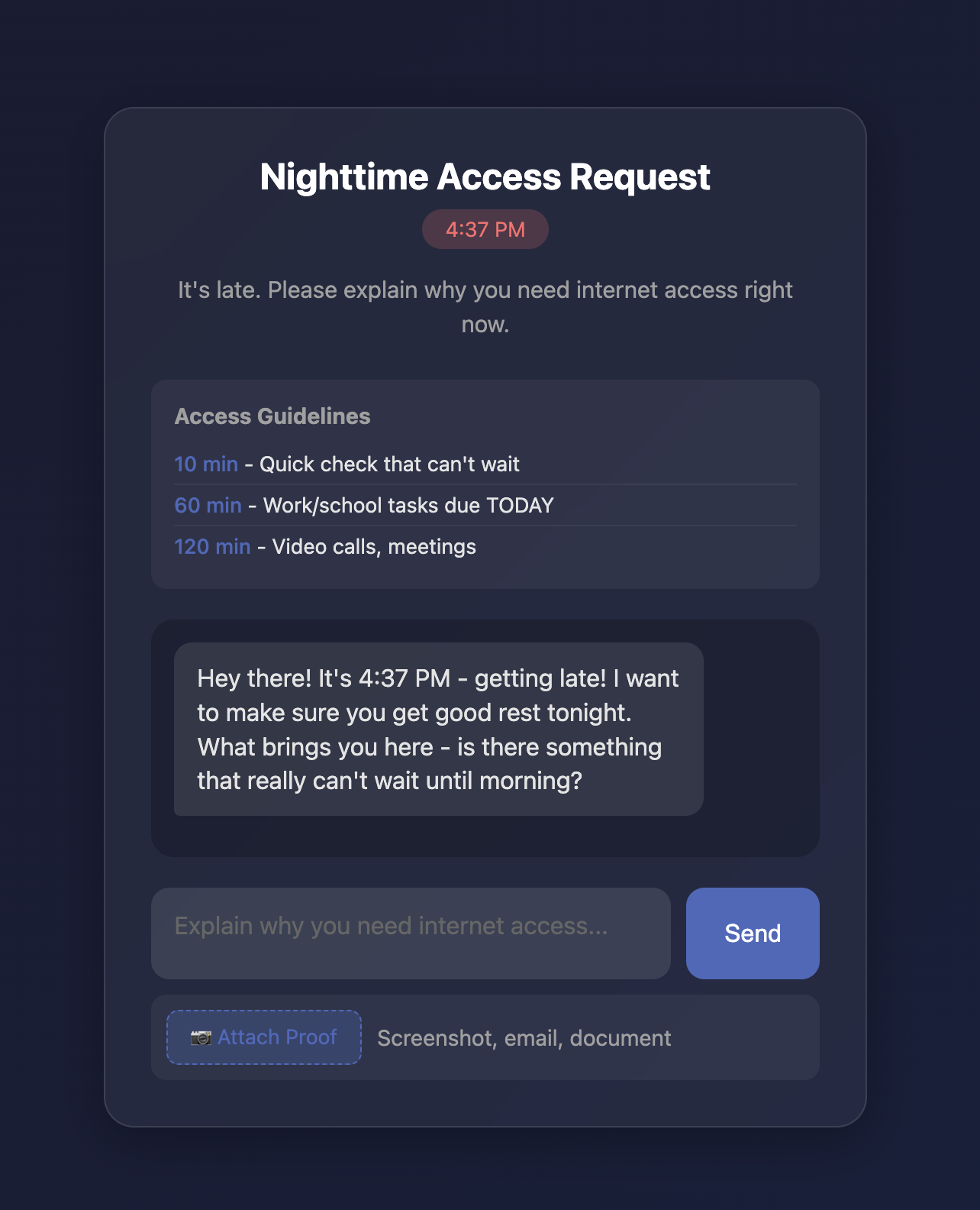 Nighttime Access Request chat interface